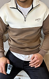 Şardonlu Yarım Fermuarlı Parçalı Renk Sweatshirt