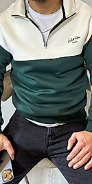 Şardonlu Yarım Fermuarlı Parçalı Renk Sweatshirt X Large-KREM-YEŞİL