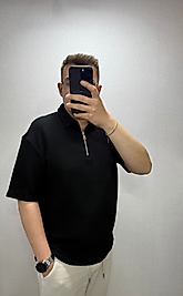 Siyah Fitilli Polo Yaka Fermuarlı  Tişört