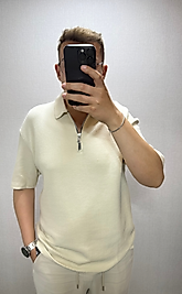 Bej Fitilli Polo Yaka Fermuarlı Tişört