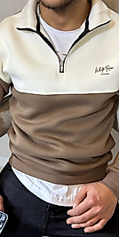 Şardonlu Yarım Fermuarlı Parçalı Renk Sweatshirt Large-KREM-KAHVE