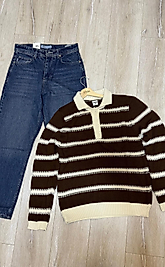 Oversize Çizgili Polo Yaka Kazak-Kahverengi