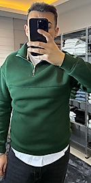 Yarım Fermuar 3 İplik Sweatshirt Small-Yeşil