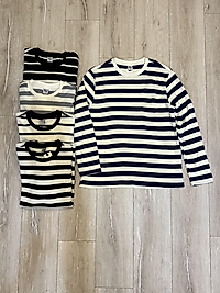 Çift Renkli Örme Kumaş Çizgili Basic Kazak Large-BEYAZ-MAVİ