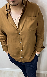 Kahve Beyaz Düğme Keten Gömlek