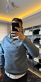 Yarım Fermuar 3 İplik Sweatshirt 2X Large-Petrol Mavi