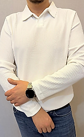 Beyaz Ottoman Kumaş Fitilli Polo Yaka Triko