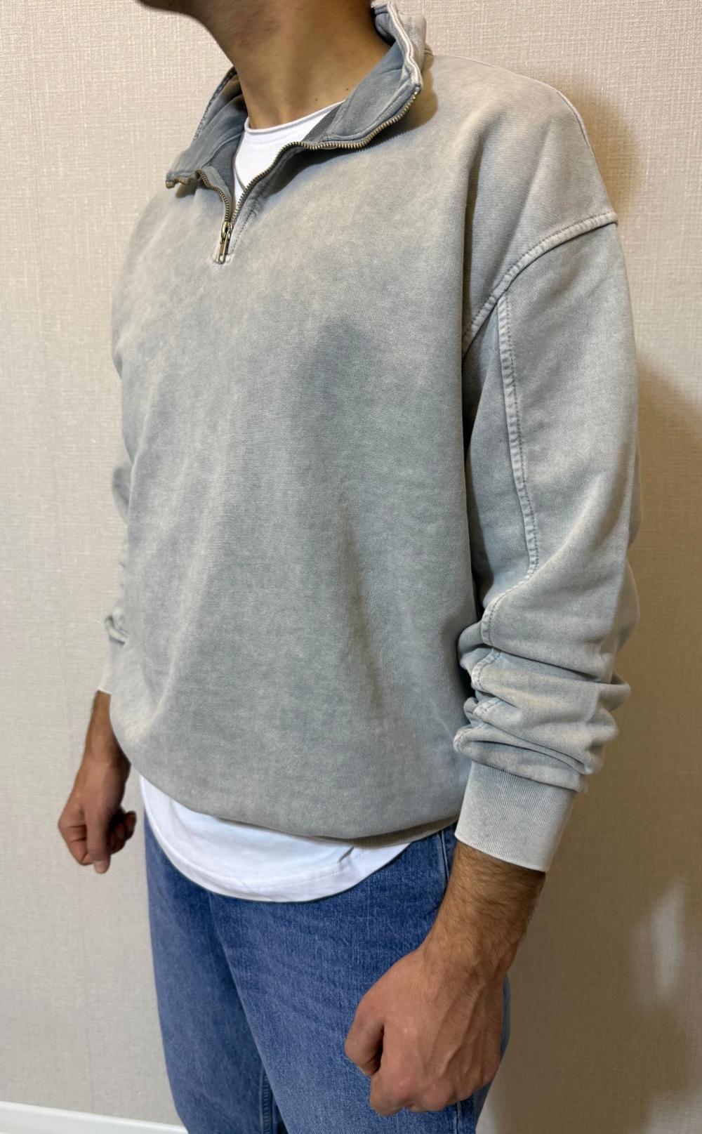 Yıkamalı Eskitme Yarım Fermuar Sweat