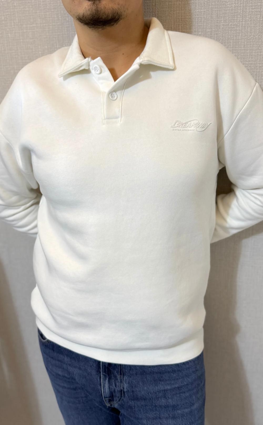 Polo Yaka Düğme Detaylı Beyaz Sweatshirt