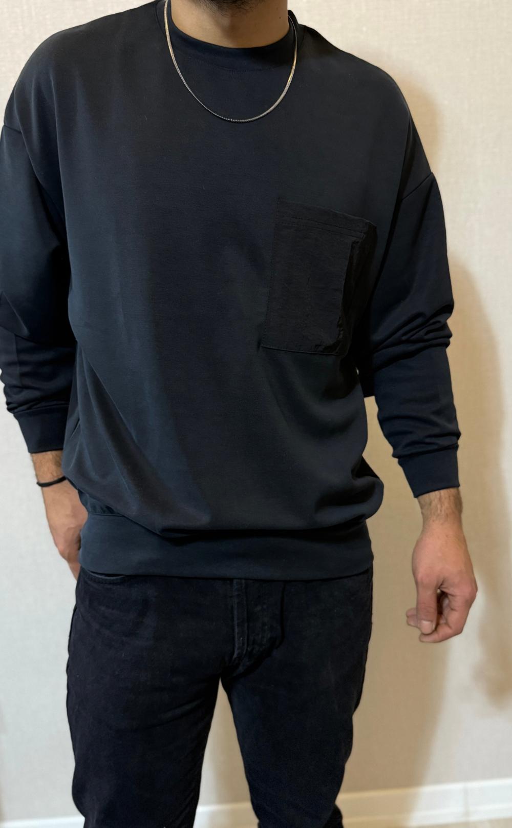 Nubuk Kumaş Cep Detaylı Siyah Sweat