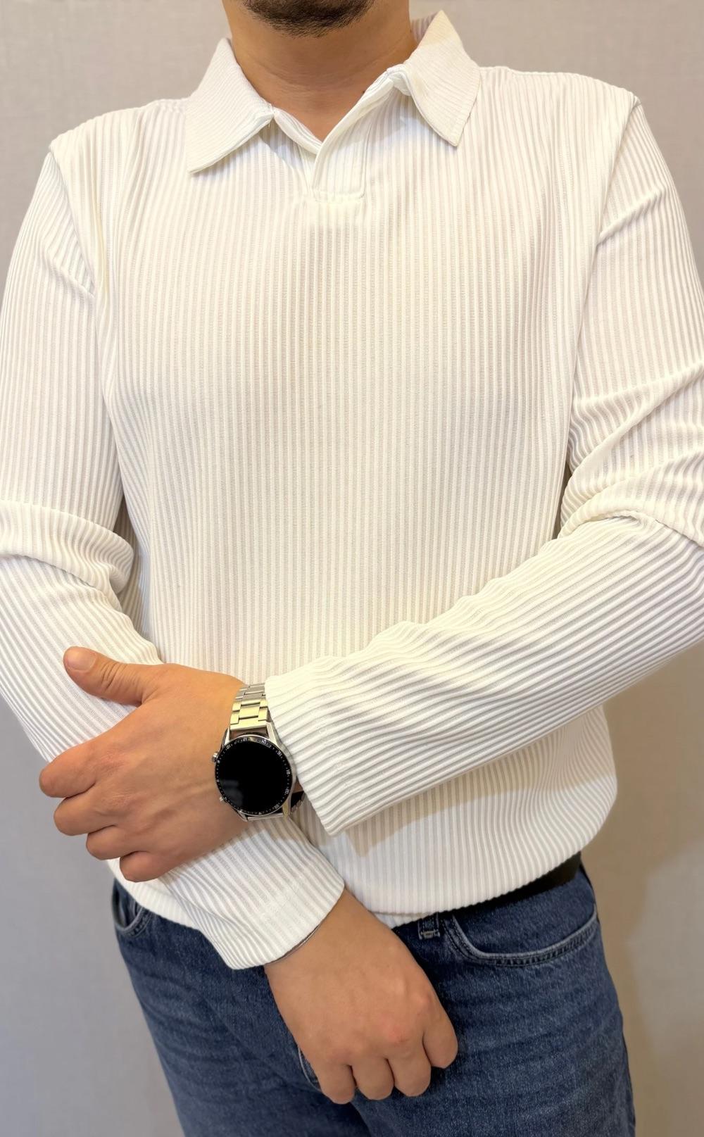 Beyaz Ottoman Kumaş Fitilli Polo Yaka Triko