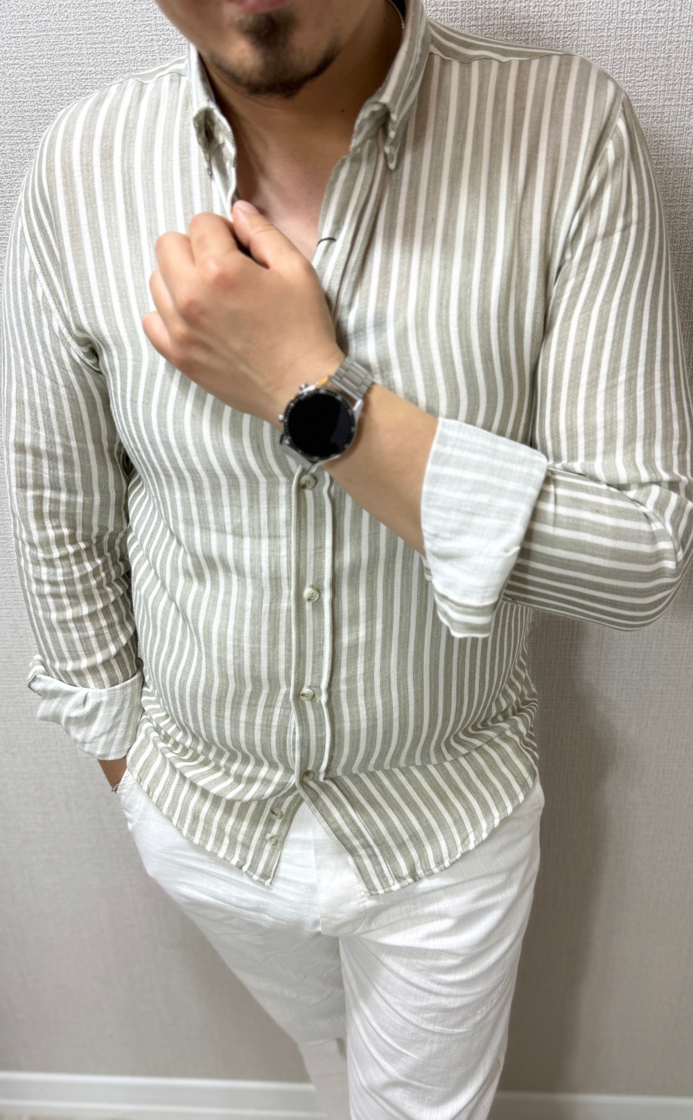 Yeşil Çizgili  Keten Gömlek