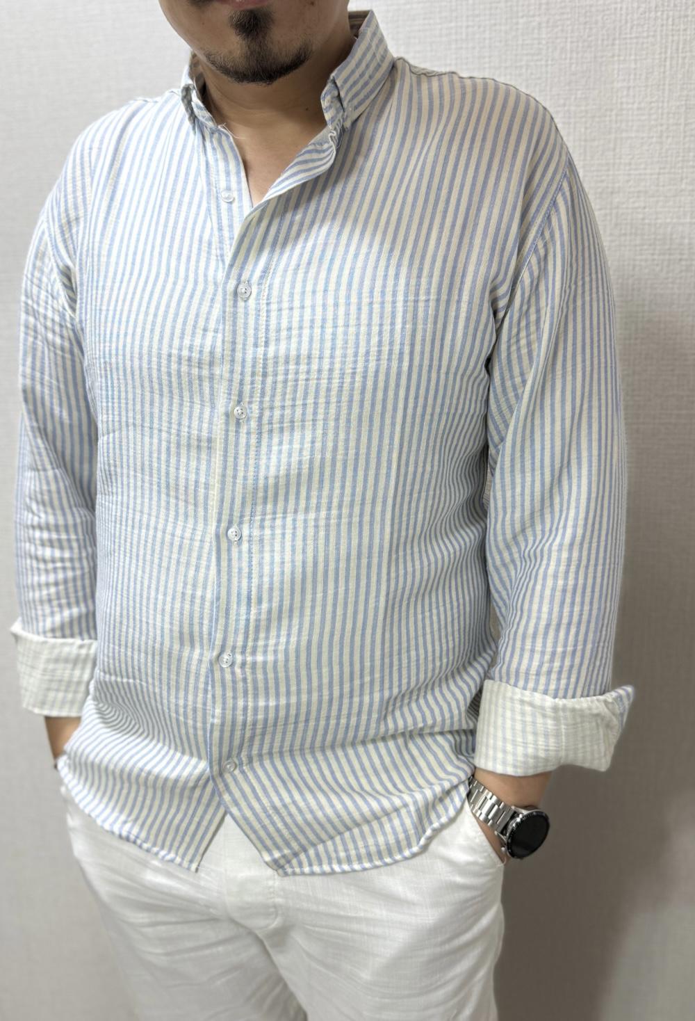 Mavi Çizgili Müslin Keten Gömlek