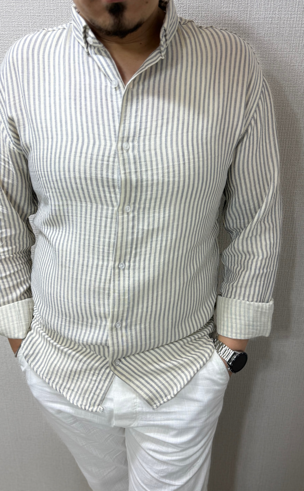 Gri Çizgili Müslin Keten Gömlek
